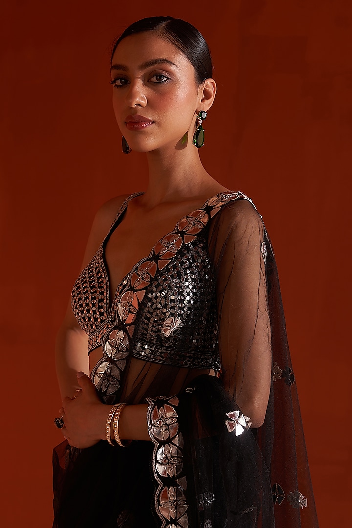 Black Net Embroidered Wedding Saree Set by Angad Singh at Pernia's Pop Up Shop