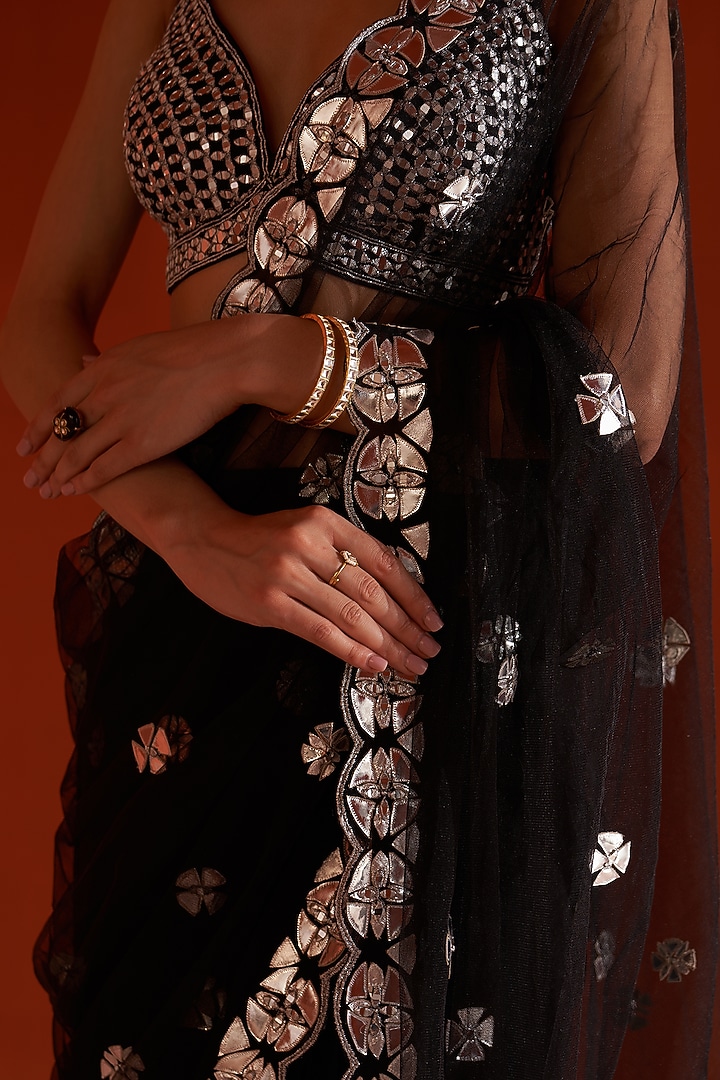 Black Net Embroidered Wedding Saree Set by Angad Singh at Pernia's Pop Up Shop