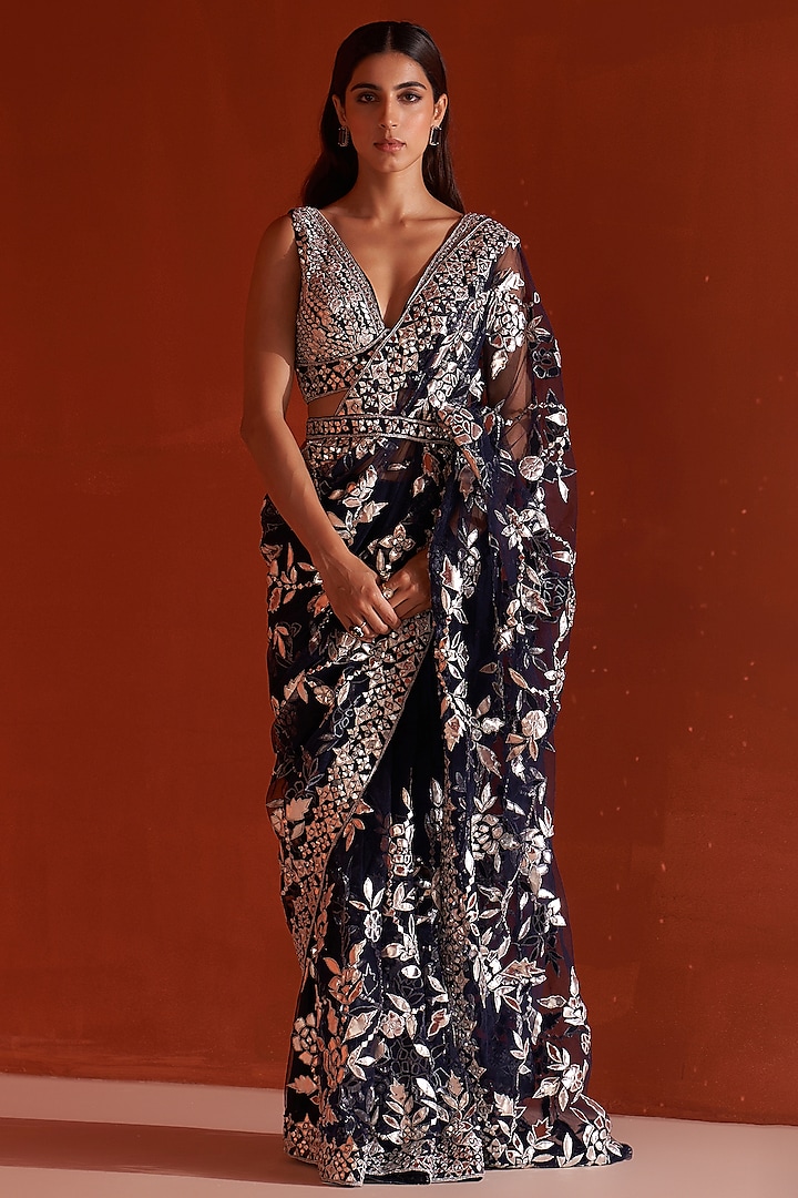 Midnight Blue Net Embroidered Saree Set by Angad Singh
