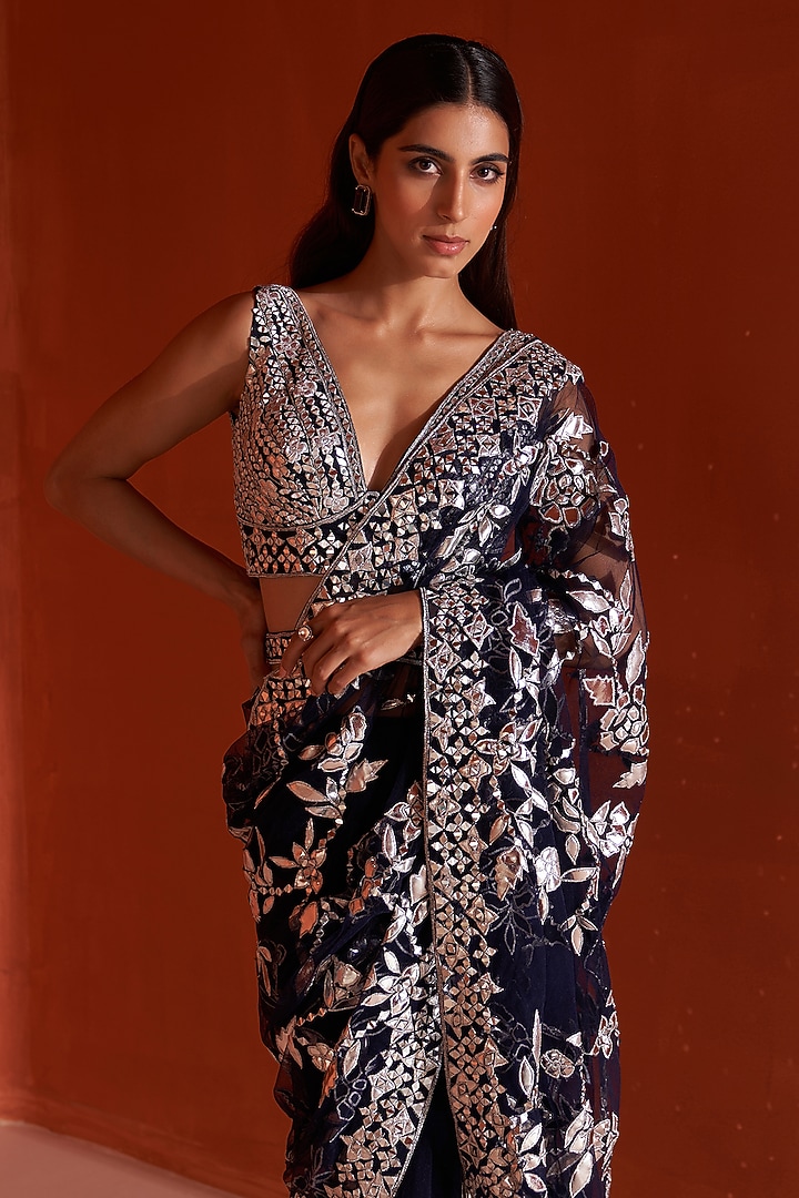 Midnight Blue Net Embroidered Wedding Saree Set by Angad Singh at Pernia's Pop Up Shop