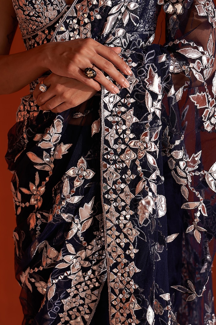 Midnight Blue Net Embroidered Wedding Saree Set by Angad Singh at Pernia's Pop Up Shop