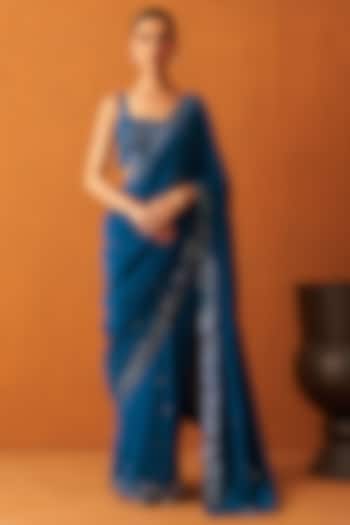 Peacock Blue Silk Embroidered Saree Set by Angad Singh