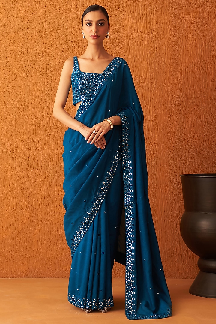 Peacock Blue Silk Embroidered Saree Set by Angad Singh