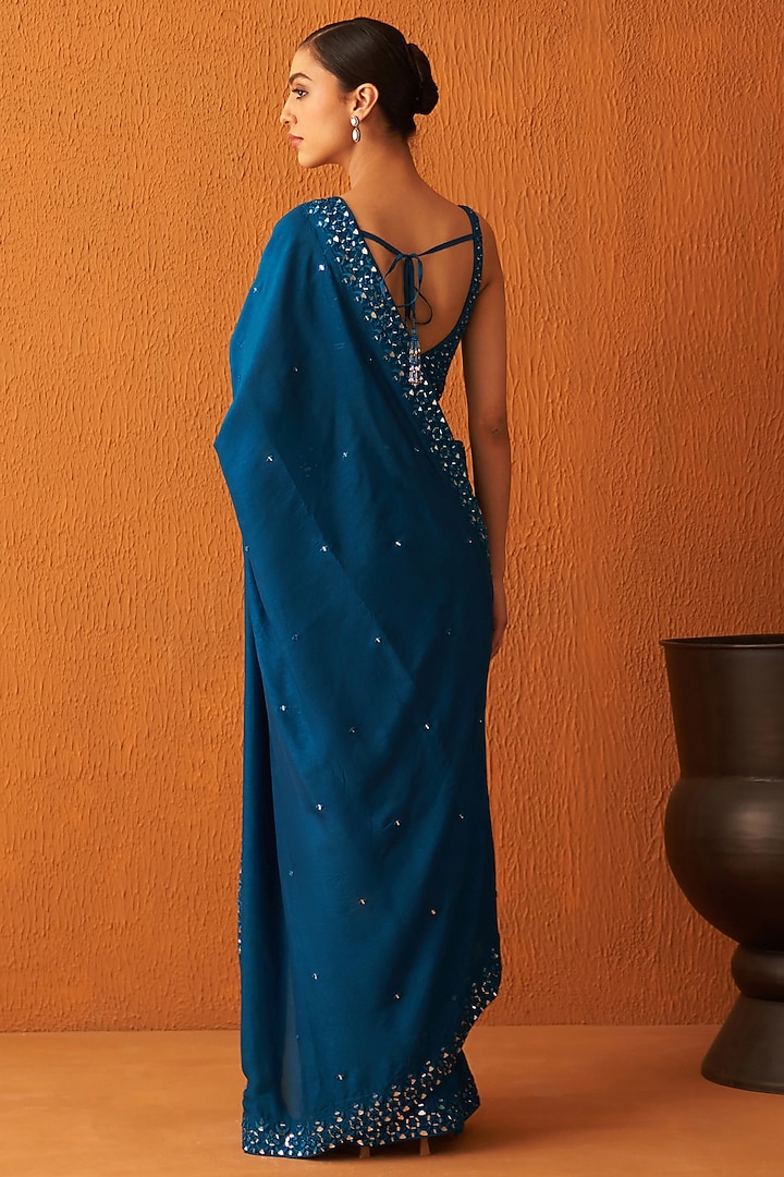 Peacock Blue Silk Embroidered Wedding Saree Set by Angad Singh at Pernia's Pop Up Shop