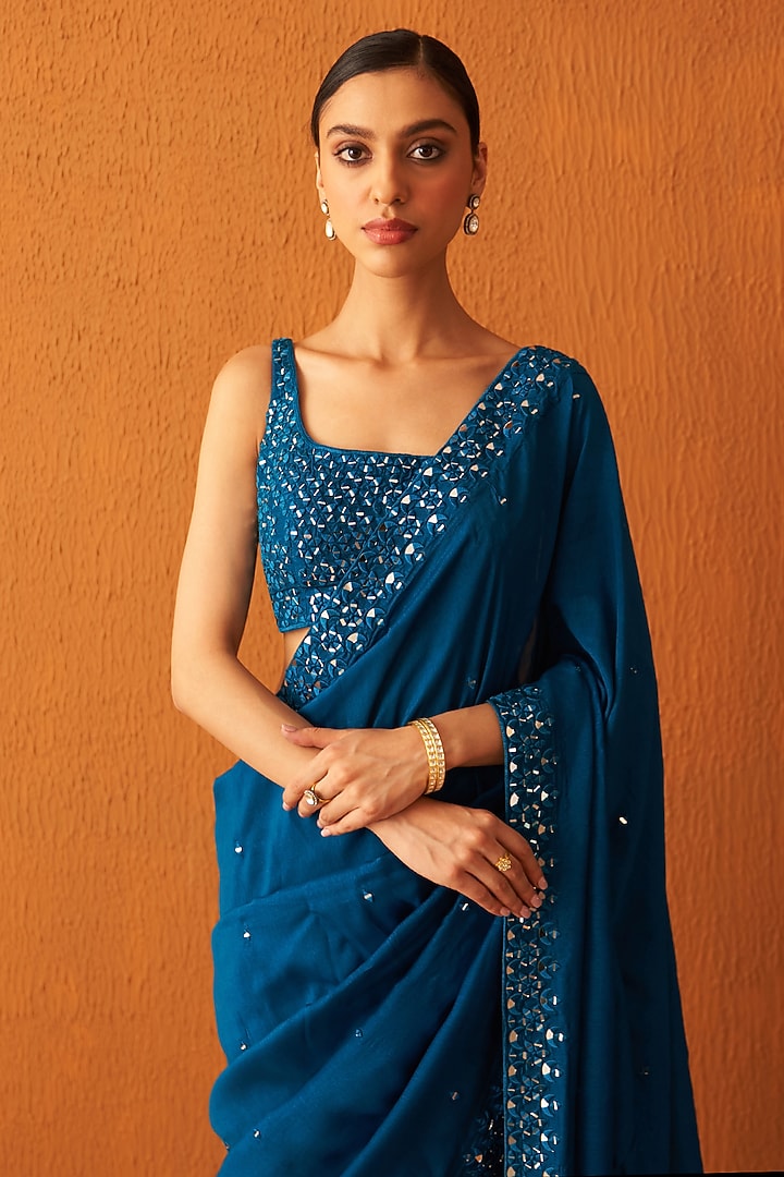 Peacock Blue Silk Embroidered Wedding Saree Set by Angad Singh at Pernia's Pop Up Shop