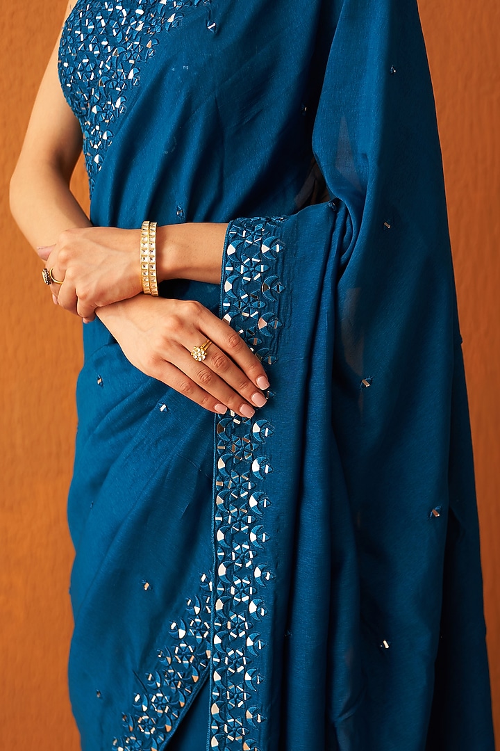Peacock Blue Silk Embroidered Wedding Saree Set by Angad Singh at Pernia's Pop Up Shop