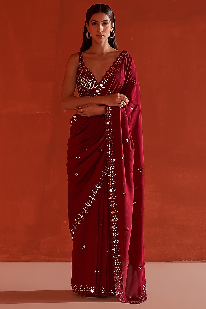 Maroon Silk Embroidered Saree Set by Angad Singh