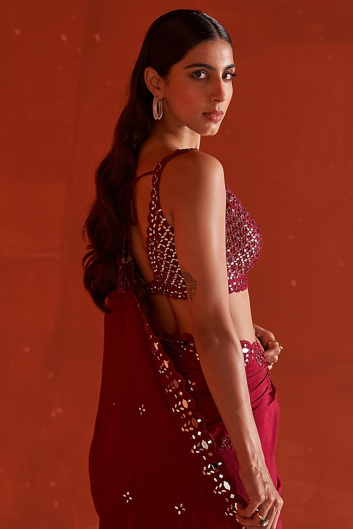 Maroon Silk Embroidered Wedding Saree Set by Angad Singh at Pernia's Pop Up Shop