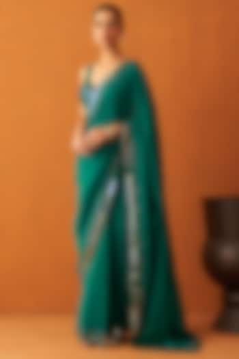Green Silk Embroidered Saree Set by Angad Singh