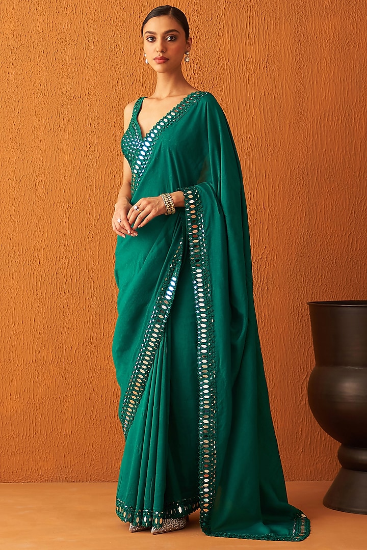 Green Silk Embroidered Saree Set by Angad Singh