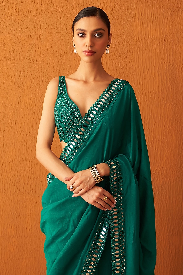 Green Silk Embroidered Wedding Saree Set by Angad Singh at Pernia's Pop Up Shop