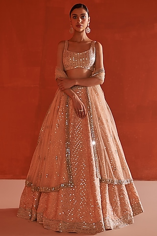 Peach Raw Silk Embroidered Lehenga Set by Angad Singh