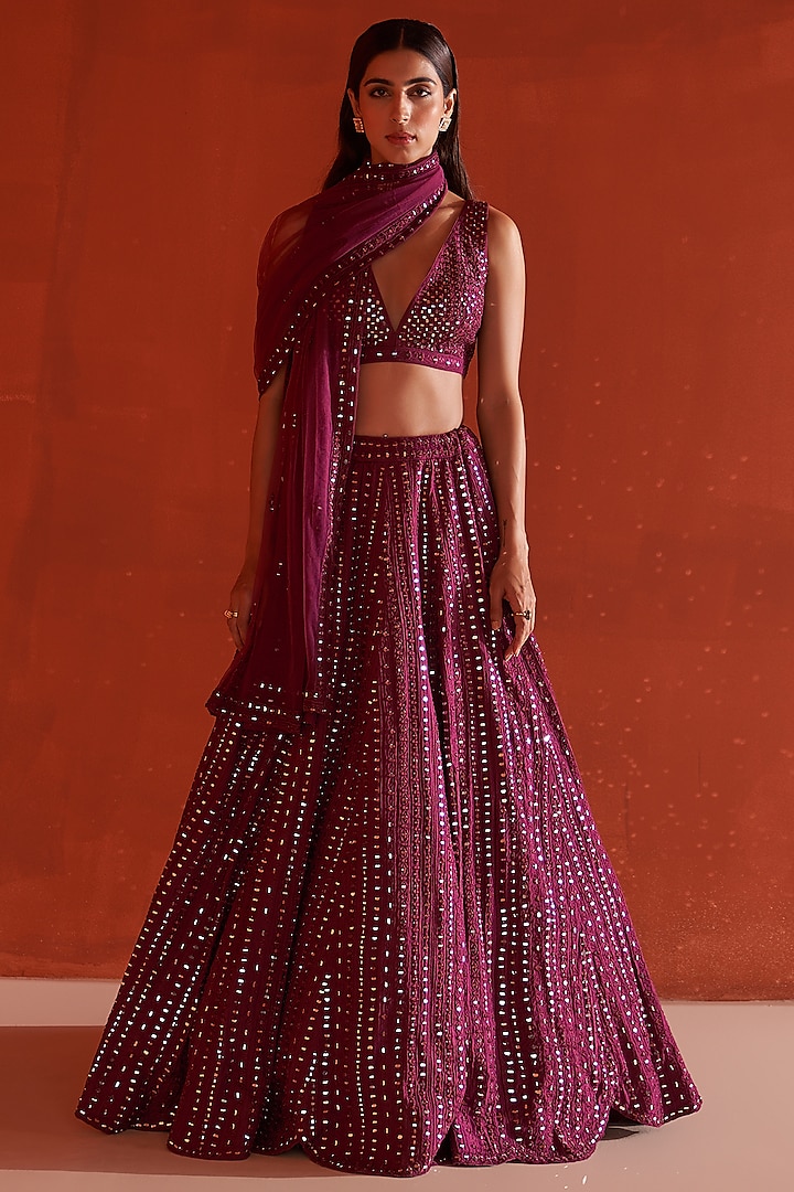 Wine Raw Silk Embroidered Lehenga Set by Angad Singh