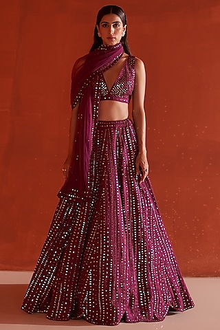 Wine Raw Silk Embroidered Lehenga Set by Angad Singh
