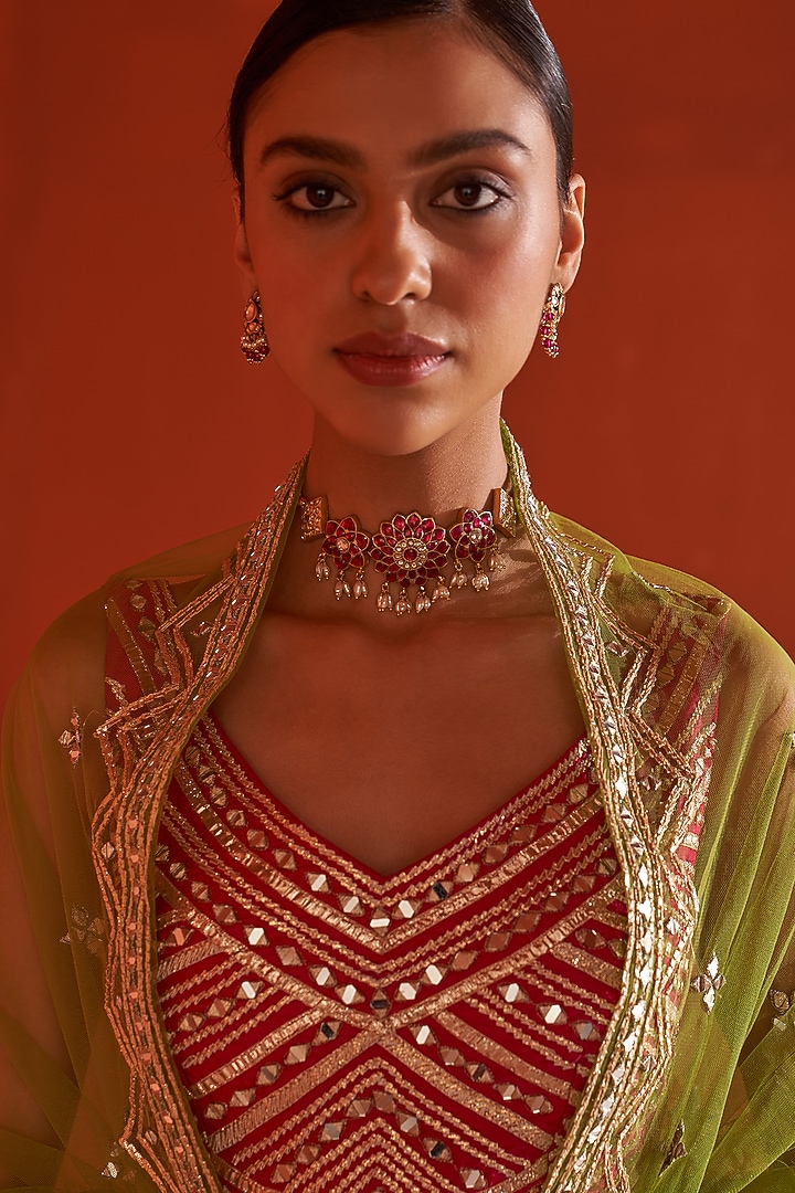 Green Raw Silk Embroidered Wedding Lehenga Set by Angad Singh at Pernia's Pop Up Shop