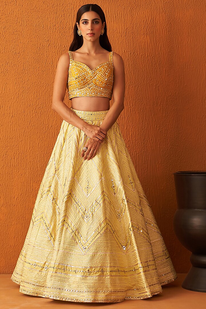 Yellow Raw Silk Embroidered Wedding Lehenga Set by Angad Singh at Pernia's Pop Up Shop