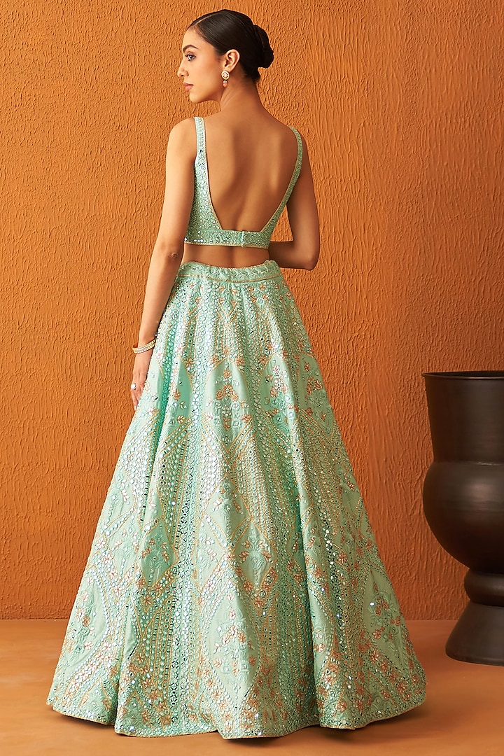 Sea Green Raw Silk Embroidered Wedding Lehenga Set by Angad Singh at Pernia's Pop Up Shop