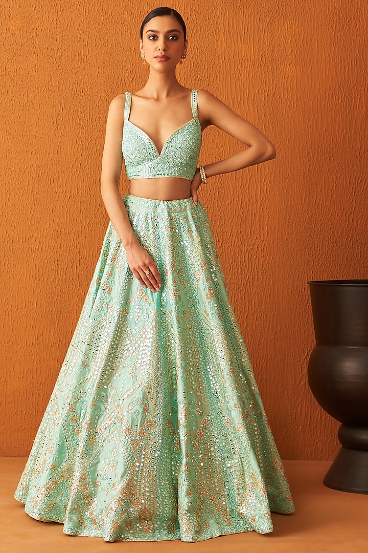 Sea Green Raw Silk Embroidered Wedding Lehenga Set by Angad Singh at Pernia's Pop Up Shop