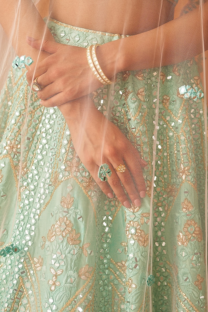 Sea Green Raw Silk Embroidered Wedding Lehenga Set by Angad Singh at Pernia's Pop Up Shop