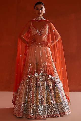 Ivory Raw Silk Embroidered Lehenga Set by Angad Singh
