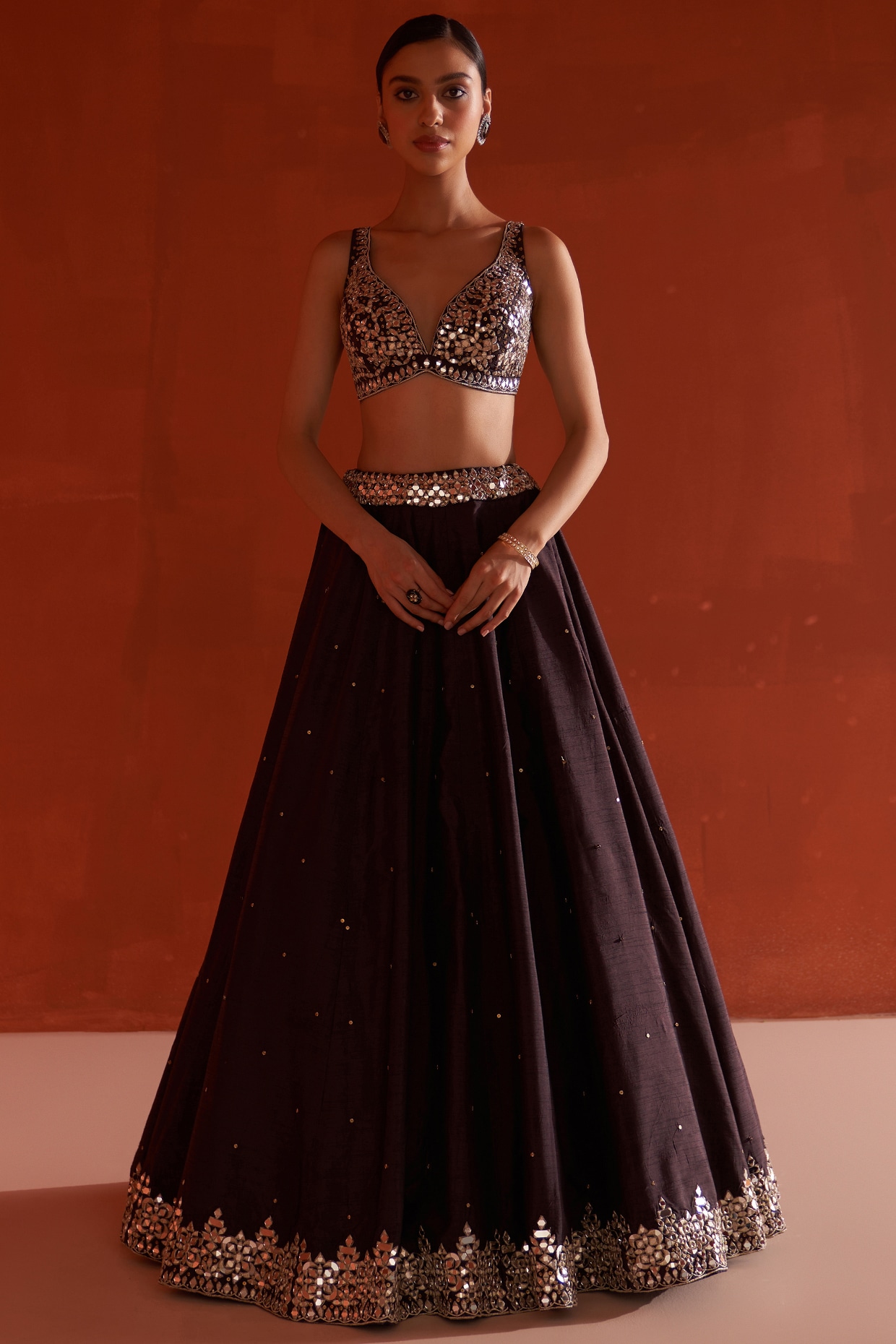 Dark Brown Tulle Bridal Lehenga Set Design by Falguni Shane Peacock at  Pernia's Pop Up Shop 2024