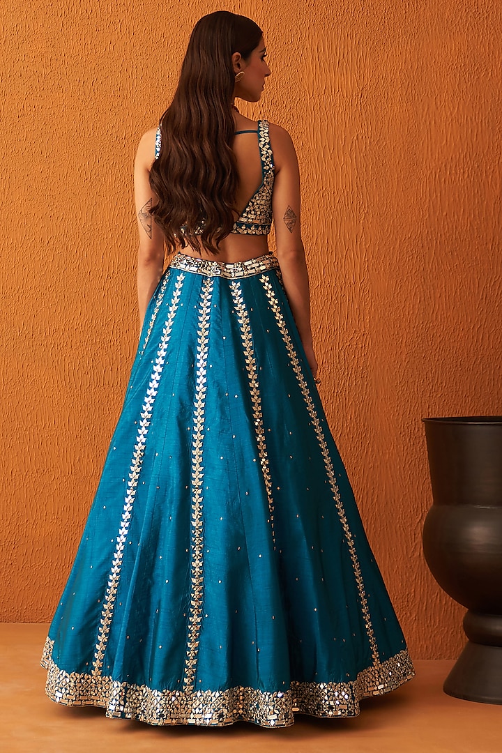 Peacock Blue Raw Silk Embroidered Wedding Lehenga Set by Angad Singh at Pernia's Pop Up Shop
