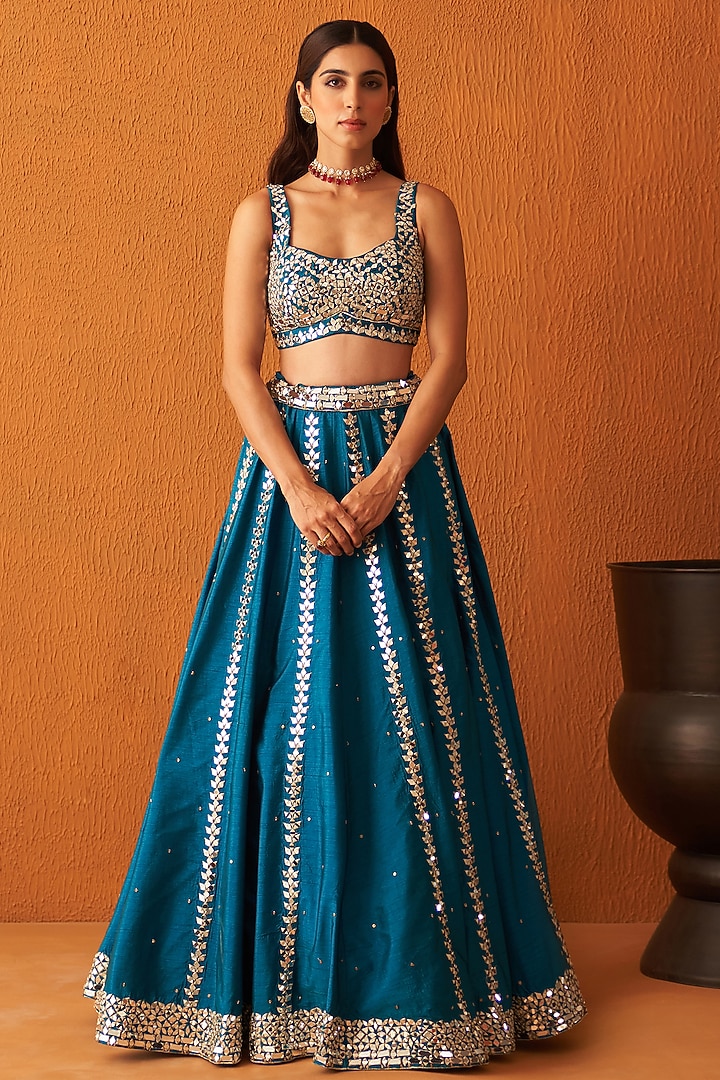 Peacock Blue Raw Silk Embroidered Wedding Lehenga Set by Angad Singh at Pernia's Pop Up Shop