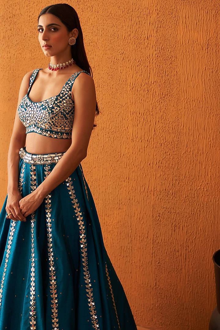 Peacock Blue Raw Silk Embroidered Wedding Lehenga Set by Angad Singh at Pernia's Pop Up Shop