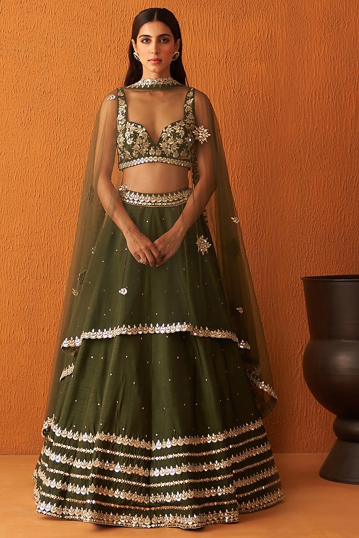 Forest Green Raw Silk Embroidered Lehenga Set by Angad Singh
