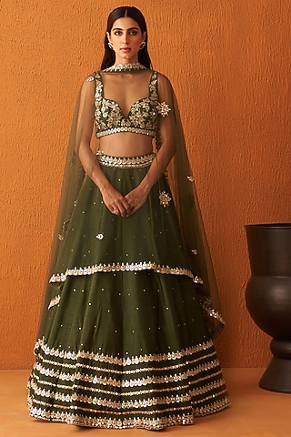Forest Green Raw Silk Embroidered Lehenga Set by Angad Singh