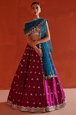 Crimson Raw Silk Embroidered Lehenga Set by Angad Singh