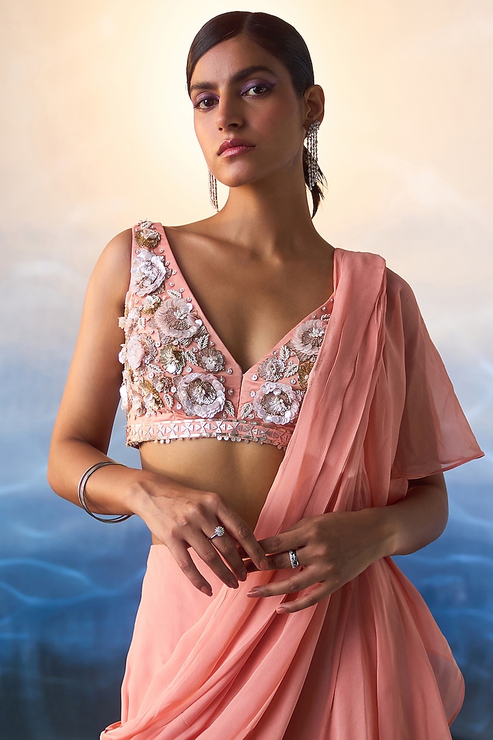 Peach Georgette Draped Wedding Saree Set by Angad Singh at Pernia's Pop Up Shop