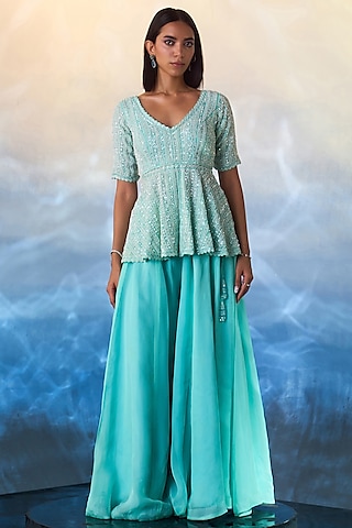 Mint Green Organza Sharara Set by Angad Singh