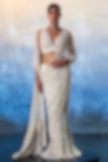 Ivory Net Tonal Sequins & Bugle Beads Hand Embroidered Reception Saree Set by Angad Singh at Pernia's Pop Up Shop