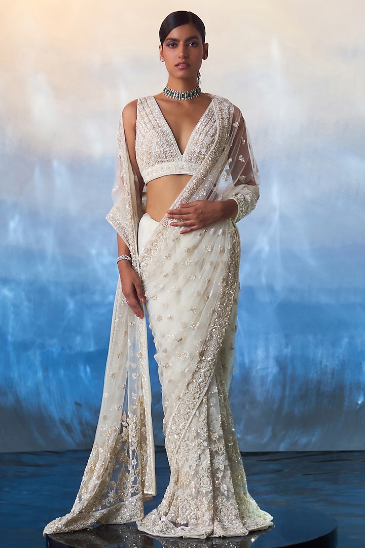 Ivory Net Tonal Sequins & Bugle Beads Hand Embroidered Reception Saree Set by Angad Singh at Pernia's Pop Up Shop