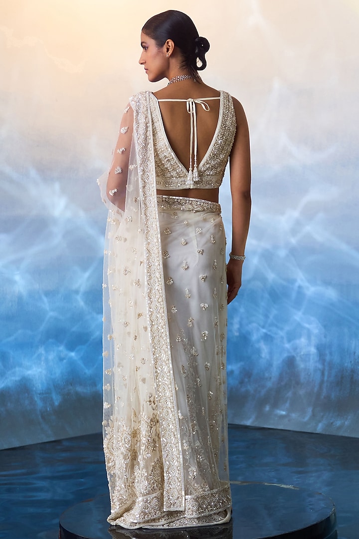 Ivory Net Tonal Sequins & Bugle Beads Hand Embroidered Reception Saree Set by Angad Singh at Pernia's Pop Up Shop