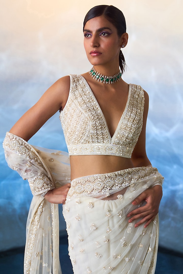 Ivory Net Tonal Sequins & Bugle Beads Hand Embroidered Reception Saree Set by Angad Singh at Pernia's Pop Up Shop