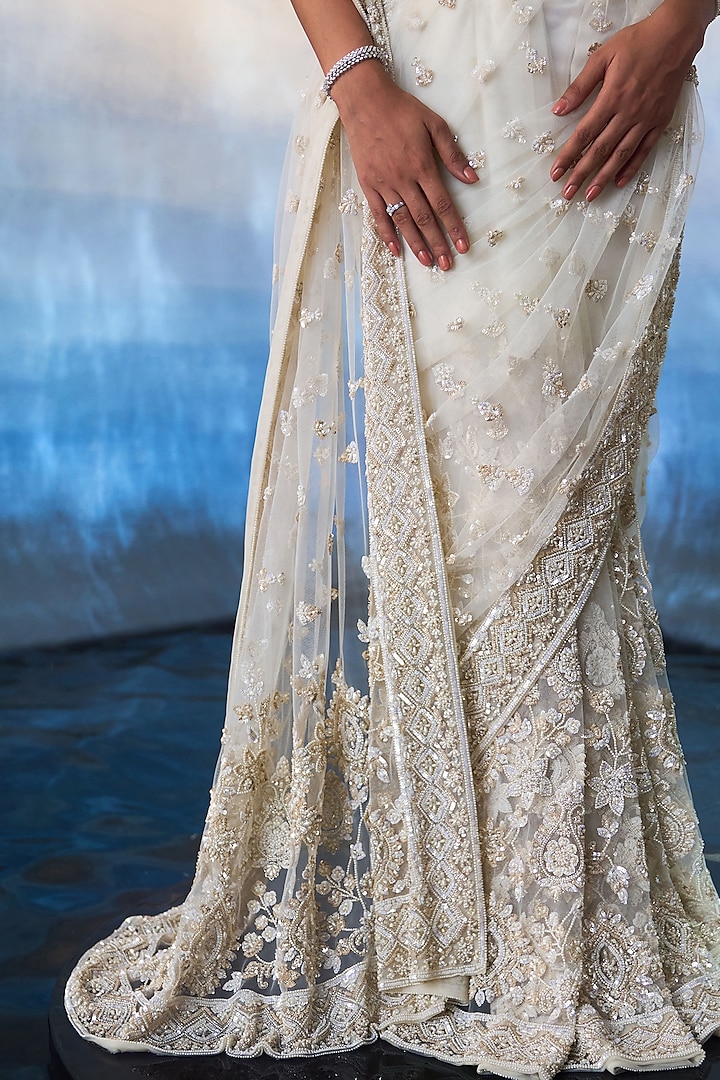 Ivory Net Tonal Sequins & Bugle Beads Hand Embroidered Reception Saree Set by Angad Singh at Pernia's Pop Up Shop