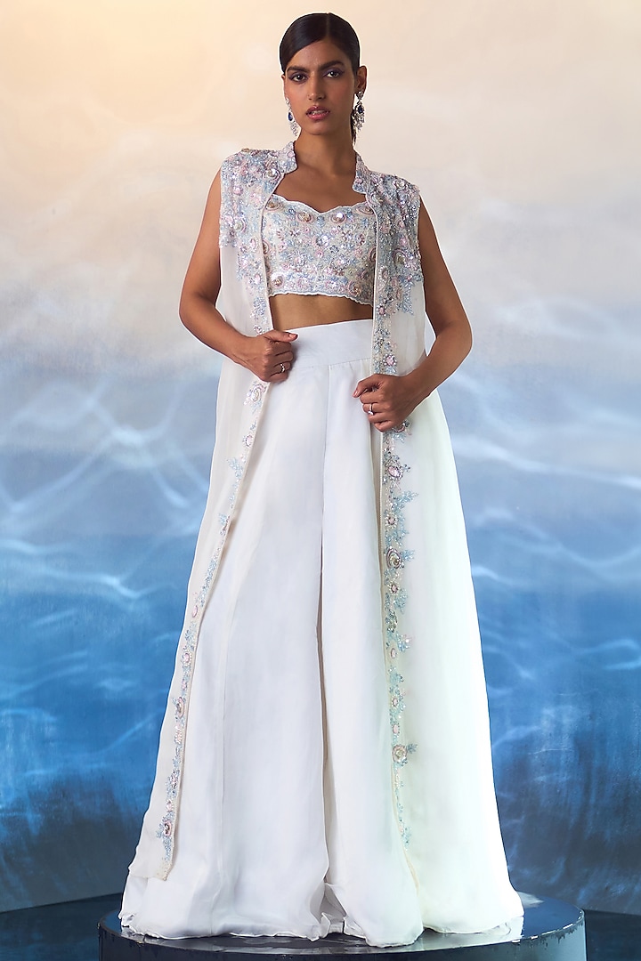 White Organza Sequins & Crystal Embroidered Jacket Set by Angad Singh at Pernia's Pop Up Shop