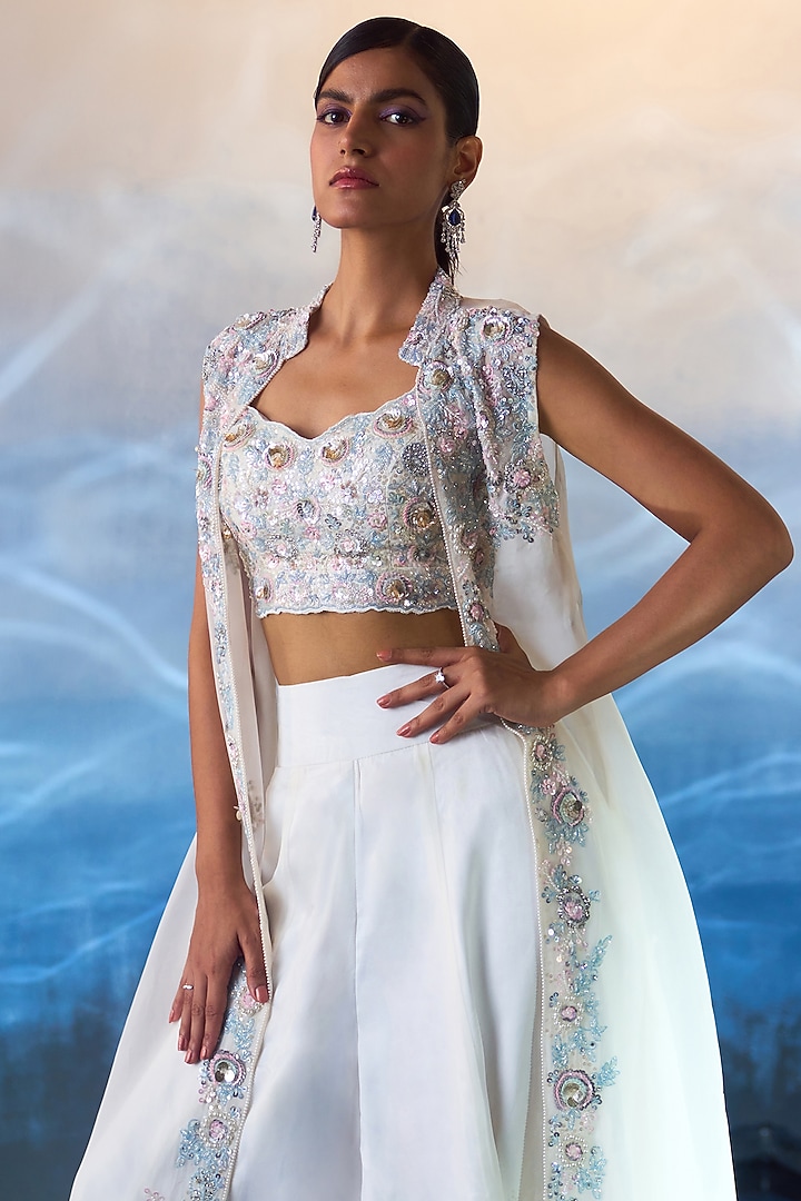 White Organza Sequins & Crystal Embroidered Jacket Set by Angad Singh at Pernia's Pop Up Shop