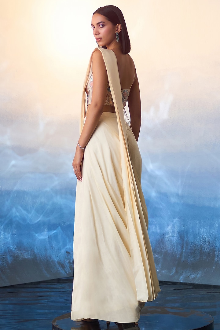 Champagne Silk Draped Wedding Saree Set by Angad Singh at Pernia's Pop Up Shop
