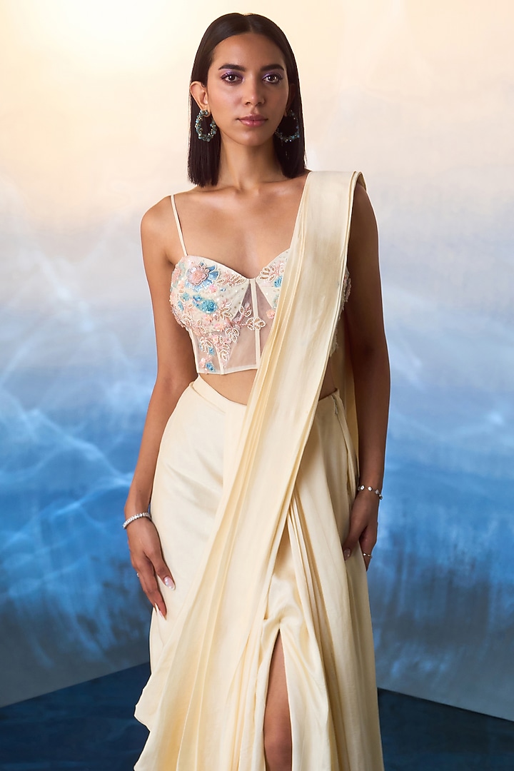 Champagne Silk Draped Wedding Saree Set by Angad Singh at Pernia's Pop Up Shop