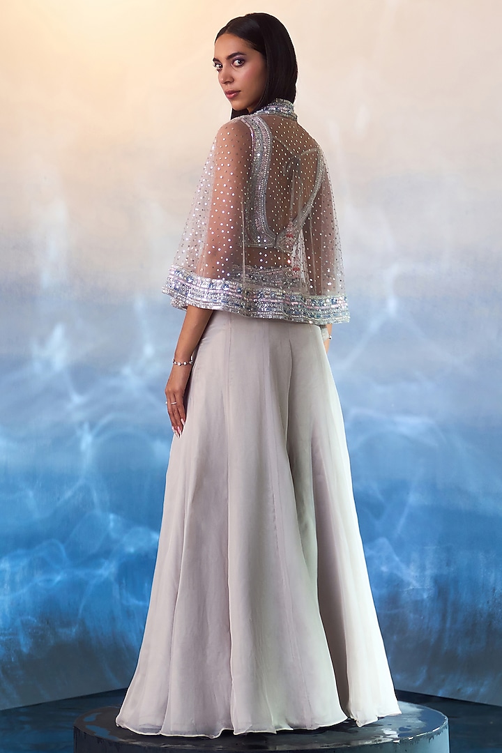 Grey Organza Sequins & Crystal Embroidered Cape Set by Angad Singh at Pernia's Pop Up Shop