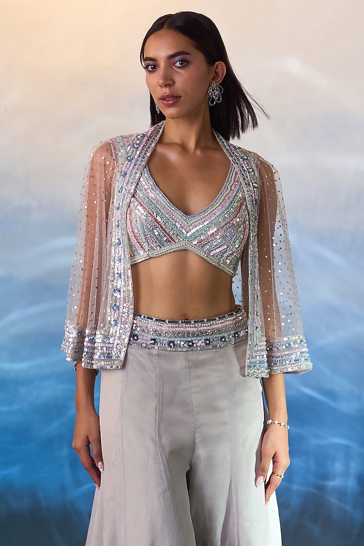 Grey Organza Sequins & Crystal Embroidered Cape Set by Angad Singh at Pernia's Pop Up Shop