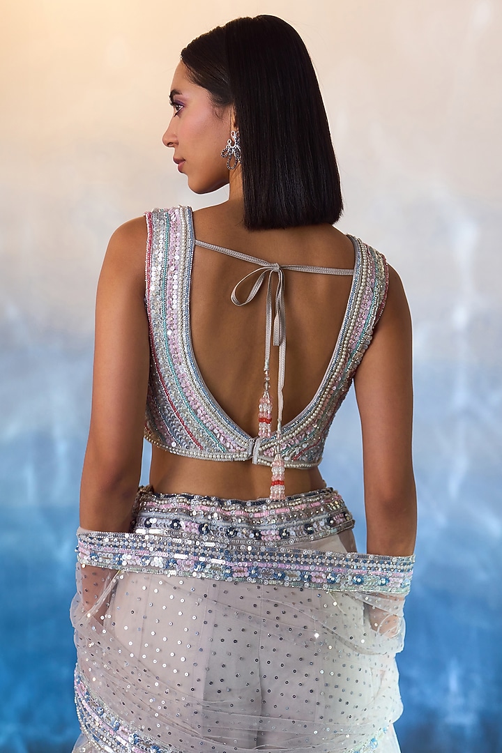 Grey Organza Sequins & Crystal Embroidered Cape Set by Angad Singh at Pernia's Pop Up Shop
