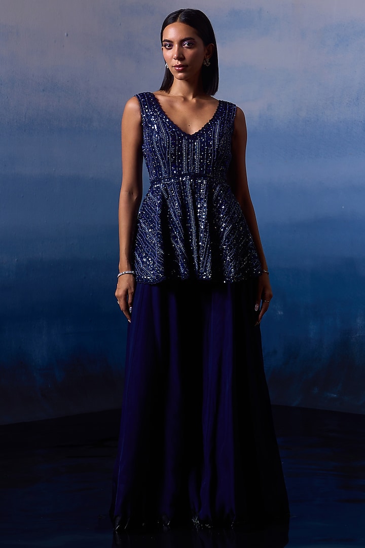Midnight Blue Organza Wedding Sharara Set by Angad Singh at Pernia's Pop Up Shop