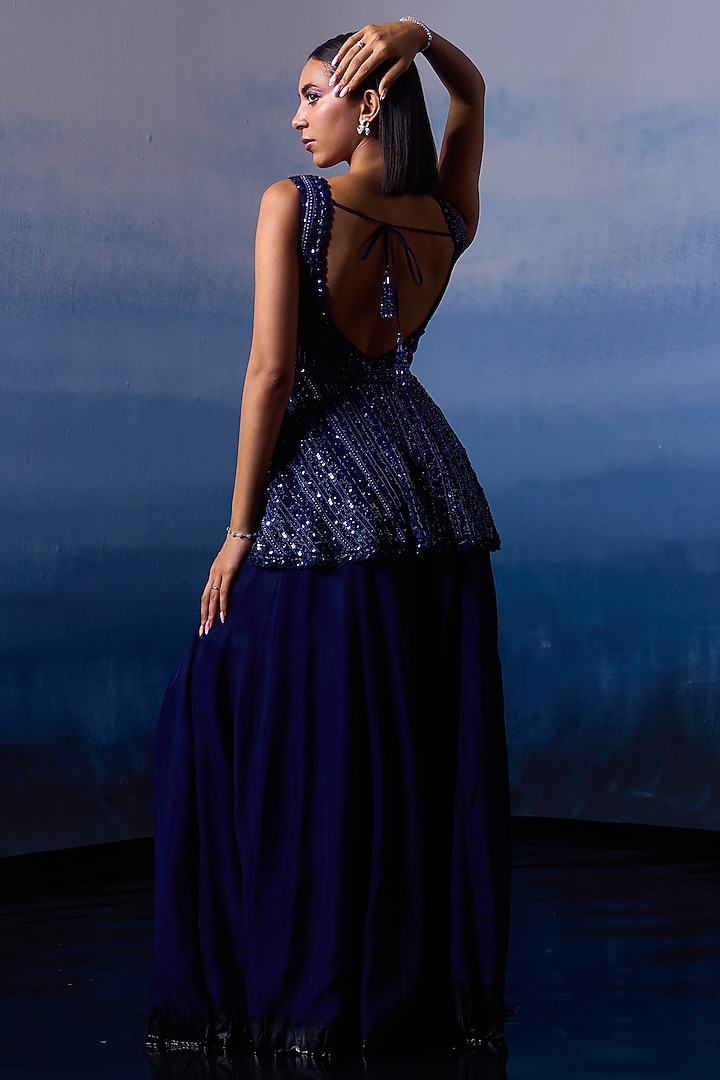 Midnight Blue Organza Wedding Sharara Set by Angad Singh at Pernia's Pop Up Shop