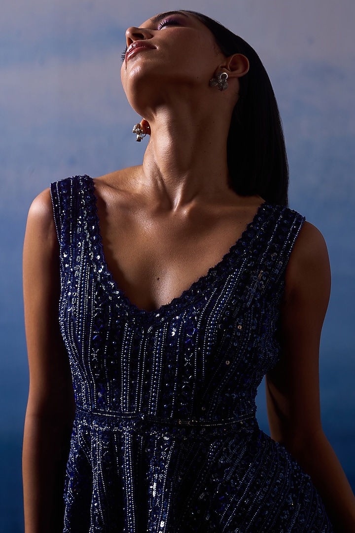 Midnight Blue Organza Wedding Sharara Set by Angad Singh at Pernia's Pop Up Shop