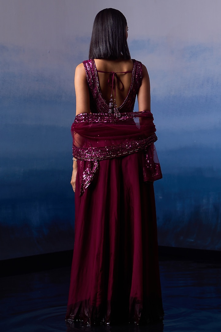 Wine Organza Wedding Sharara Set by Angad Singh at Pernia's Pop Up Shop