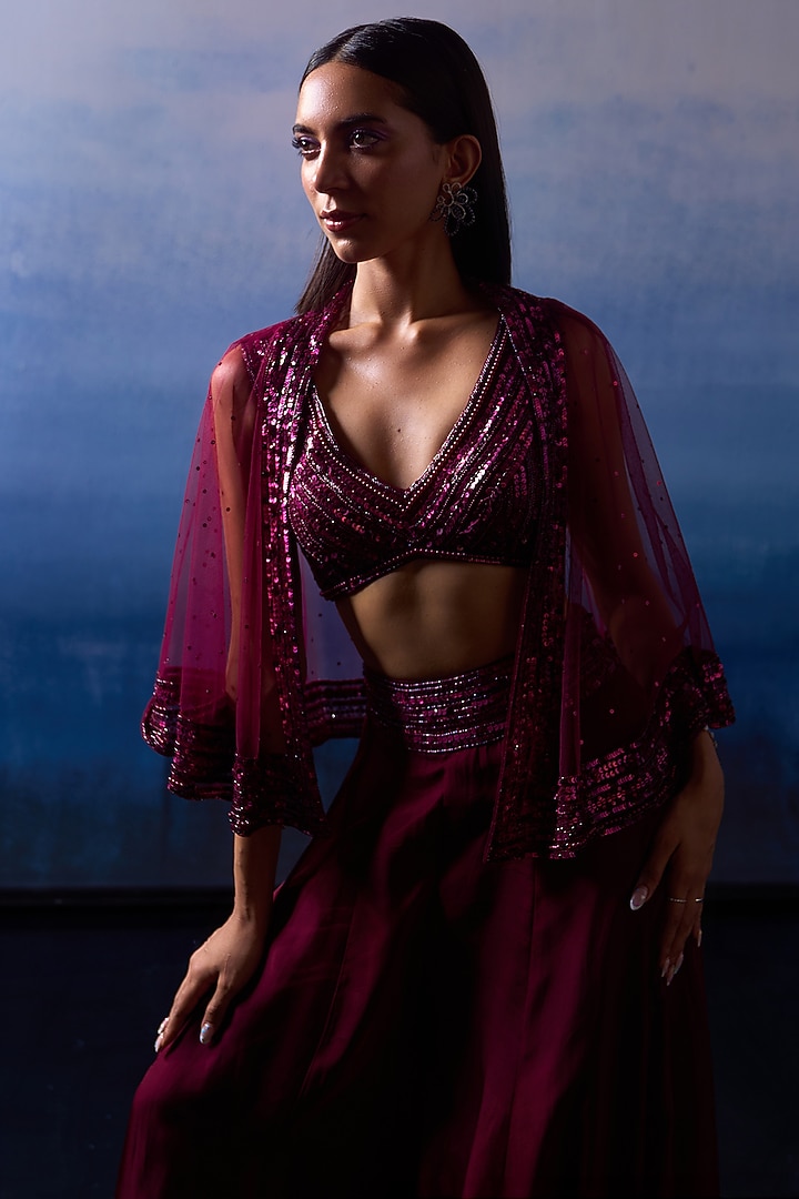 Wine Organza Wedding Sharara Set by Angad Singh at Pernia's Pop Up Shop